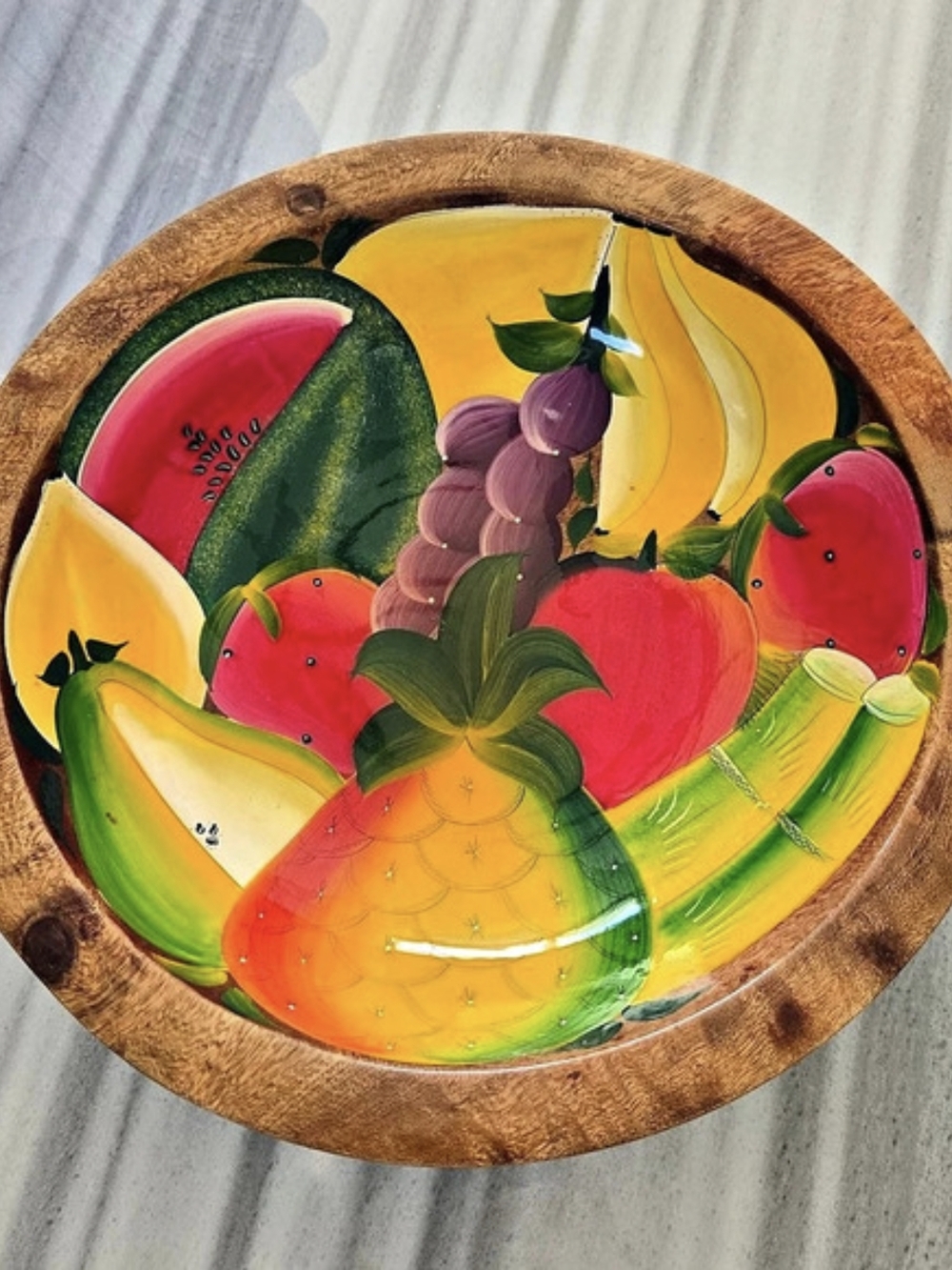 Hand-Painted Mexican Wood Serving Bowl Fruit 12.5" Ixtapa Folk Art Farmhouse
